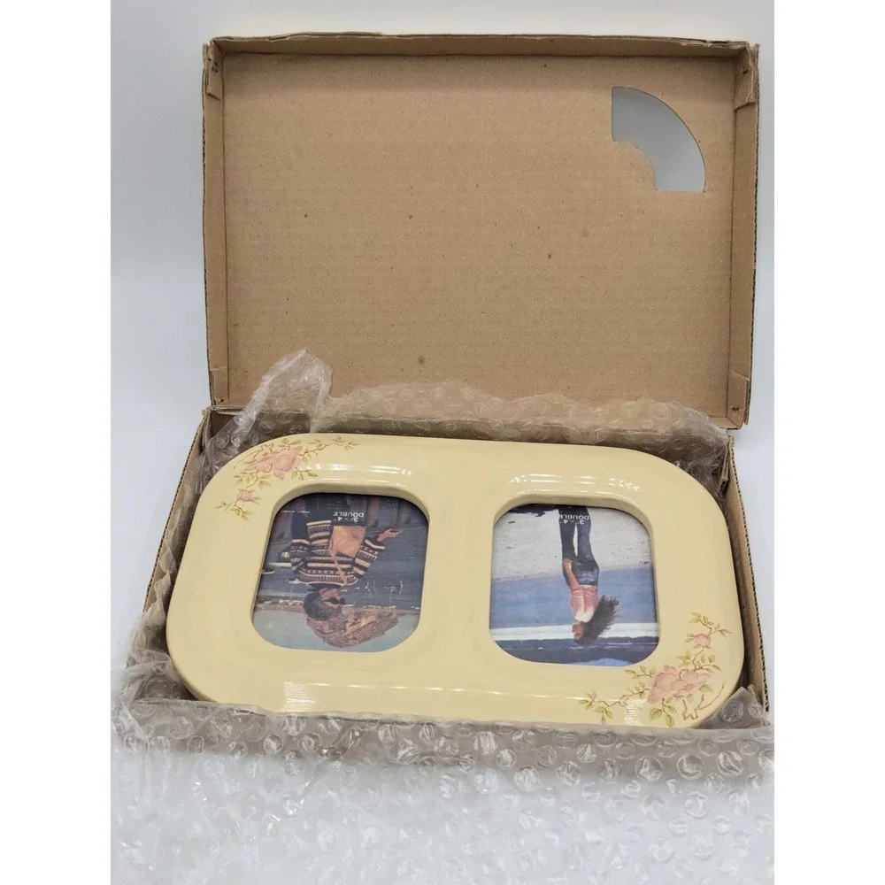 Vintage Double 3x4 Floral Picture Frame Cream Pink Roses Horizontal